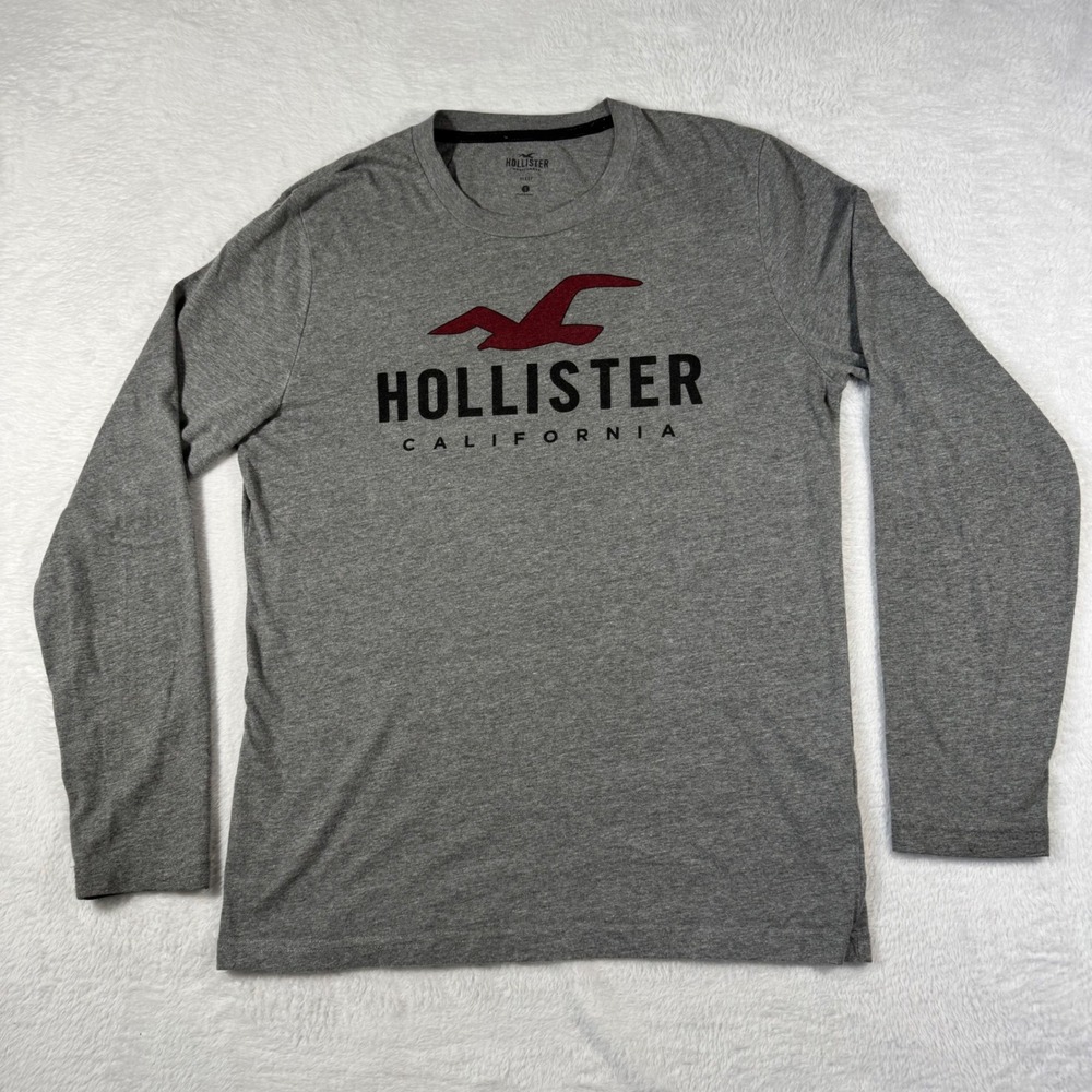 Hollister Sleep Shirt Mens Small Gray Iconic Seagull Graphic Long Sleeve Tee